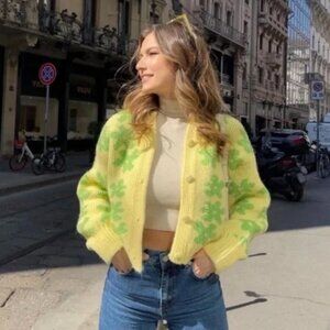 Zara Floral Chunky Knit Cardigan Sweater Yellow Green Size Small